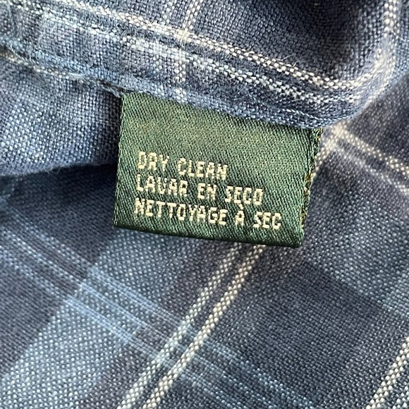 Lauren Ralph Lauren LRL Safari Shirt Women Large Blue Plaid 100% Linen Roll Tab‎ - Picture 9 of 9